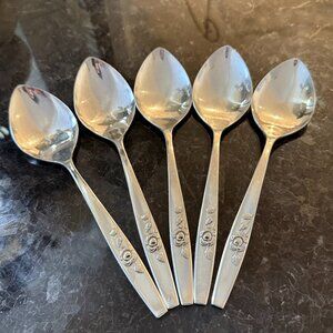 5pc Oneida SSS Our Rose Lg Oval Dinner Spoons Stainless Flatware Glossy RETIRED